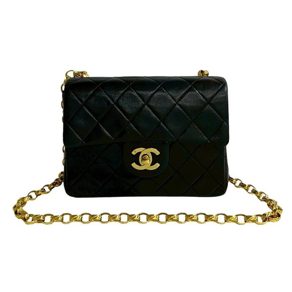CHANEL Matelasse Coco Mark Lambskin Leather Chain Mini Shoulder Bag Black 84143 - Picture 1 of 9